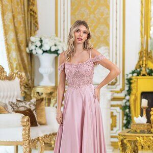 New Off Shoulder Prom A-Line Floral Lace Embellished w/ Rhinestones Gown DQ4482